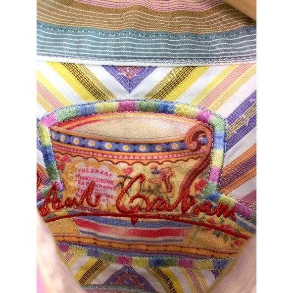Robert Graham Large Cotton Stripe Embroider Pastel Shirt EUC 6339 Classic Fit - Picture 5 of 16